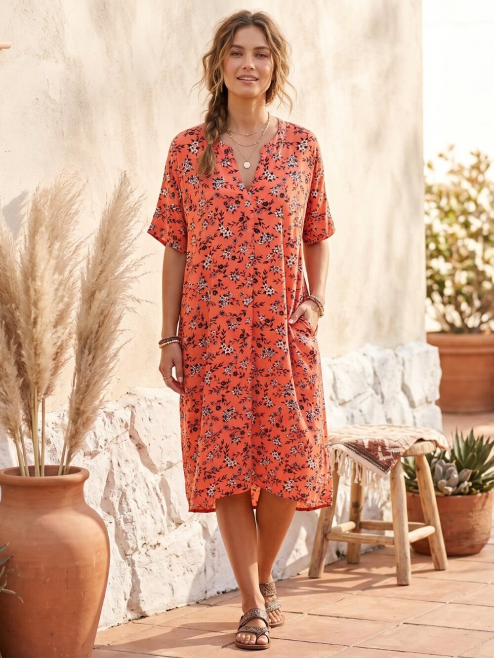 Time‎ Tru Shift Dress Coral Blue Floral Flowy SS Boho Tropical Resort XL Rayon